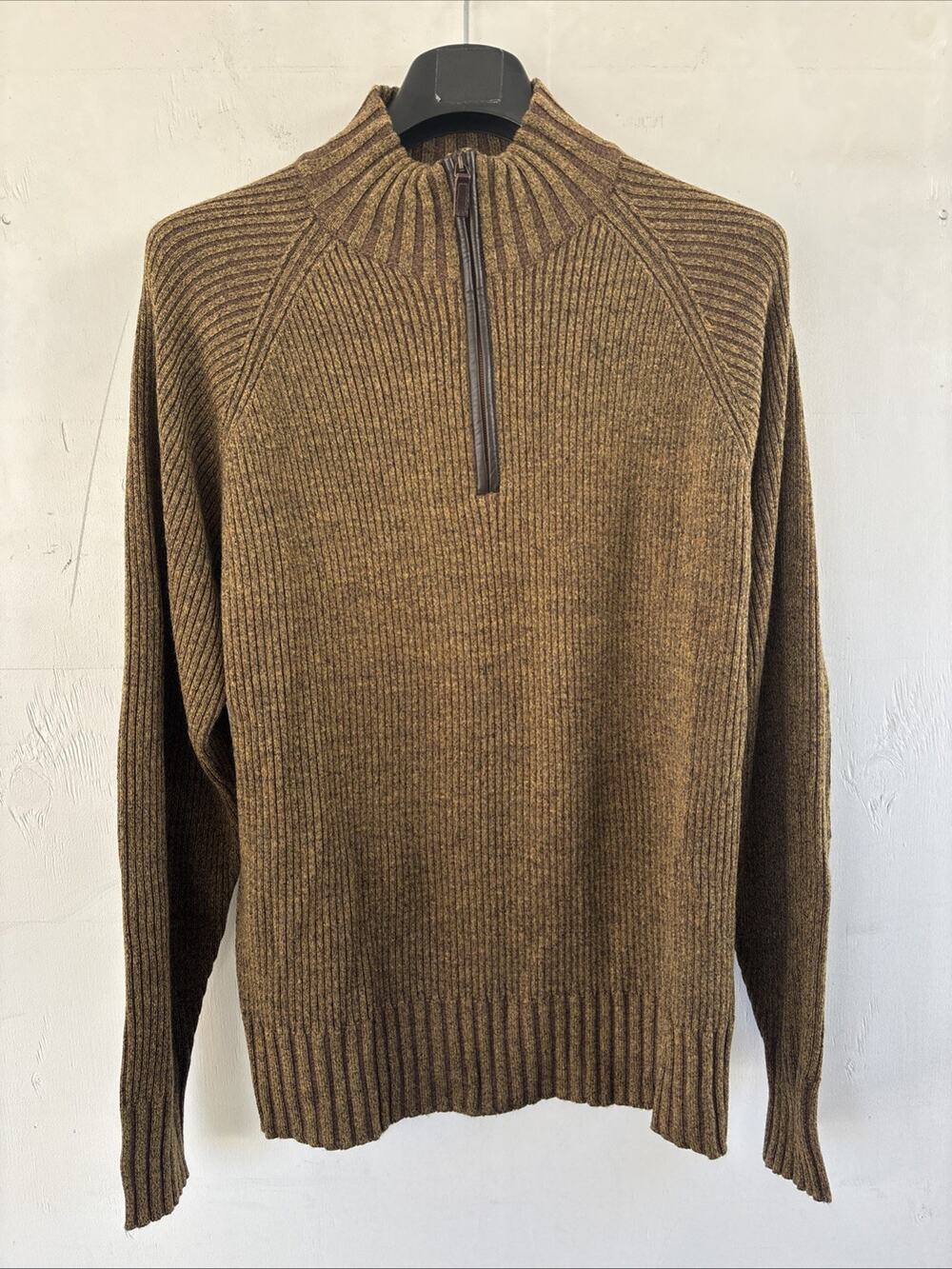 Robert Talbot Merino Wool 1/4 Zip Sweater Leather Elbow Patch Brown Sz XL